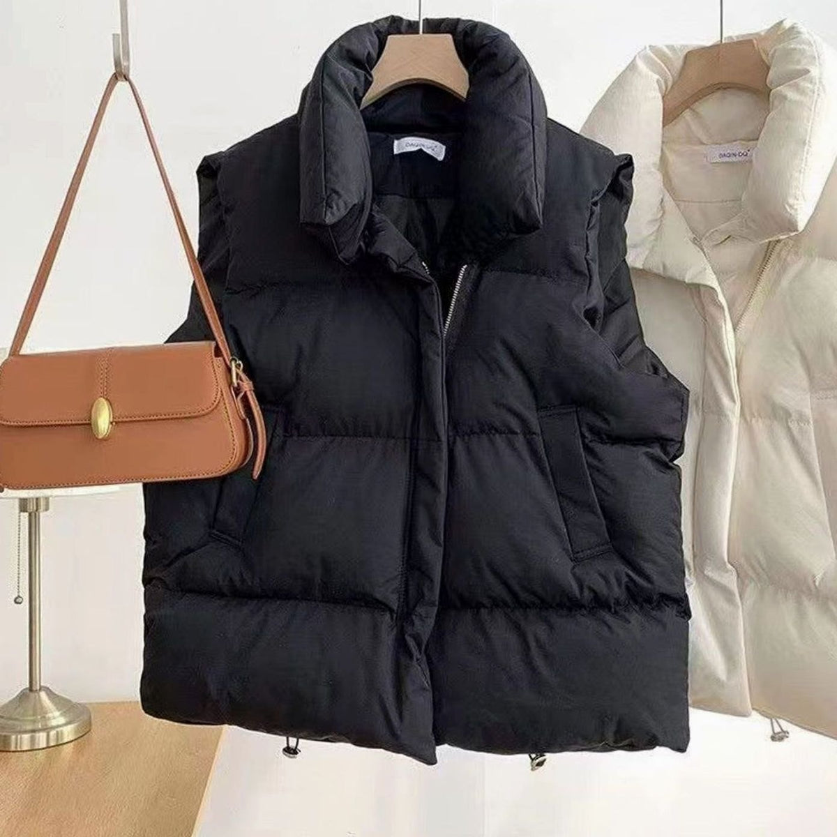 Women quilted vest bodywarmer with shawl collar and boxy fit