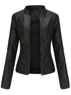 Women slim fit faux leather biker jacket with stand collar and silver zip details