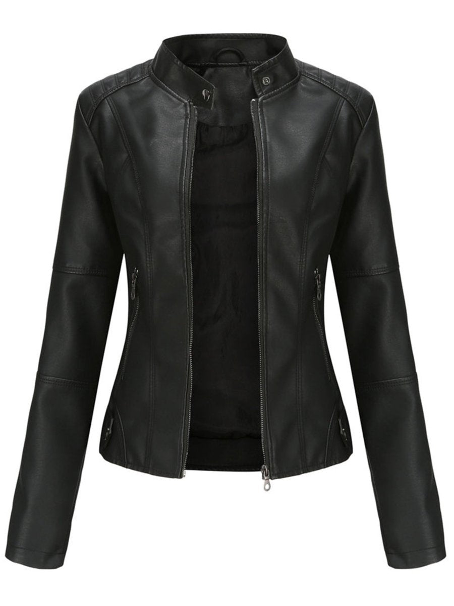 Women slim fit faux leather biker jacket with stand collar and silver zip details