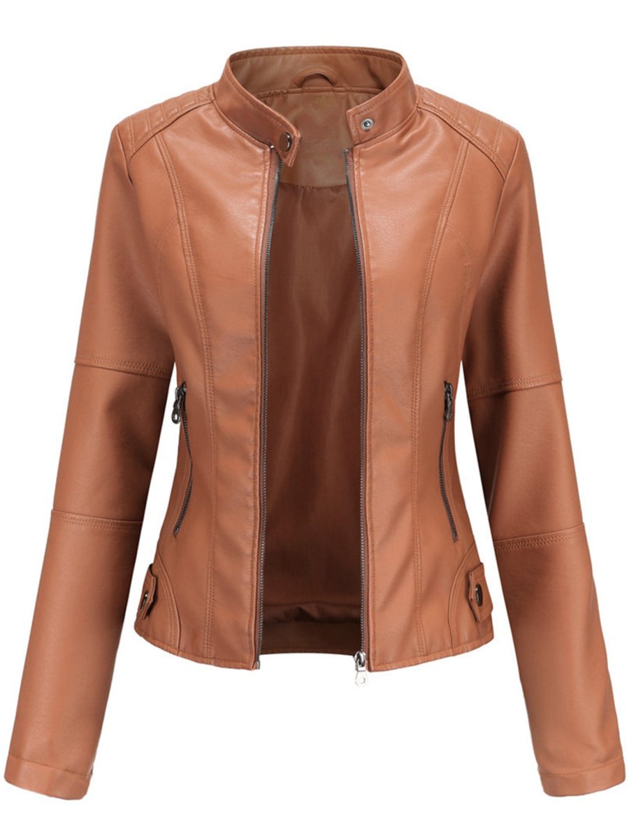 Women slim fit faux leather biker jacket with stand collar and silver zip details