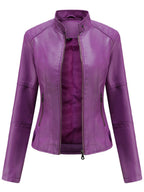 Women slim fit faux leather biker jacket with stand collar and silver zip details