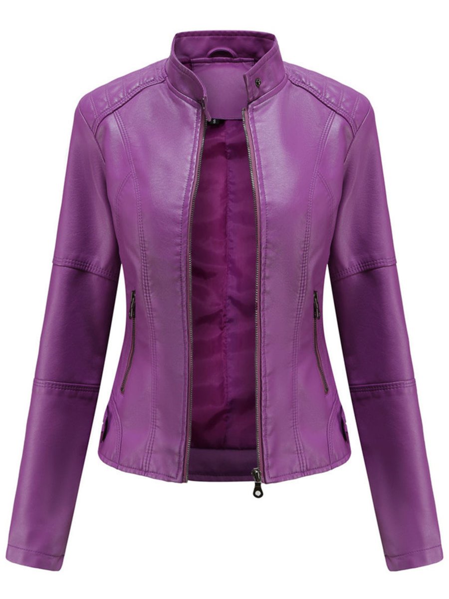 Women slim fit faux leather biker jacket with stand collar and silver zip details