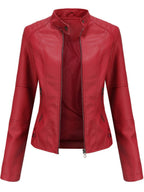 Women slim fit faux leather biker jacket with stand collar and silver zip details