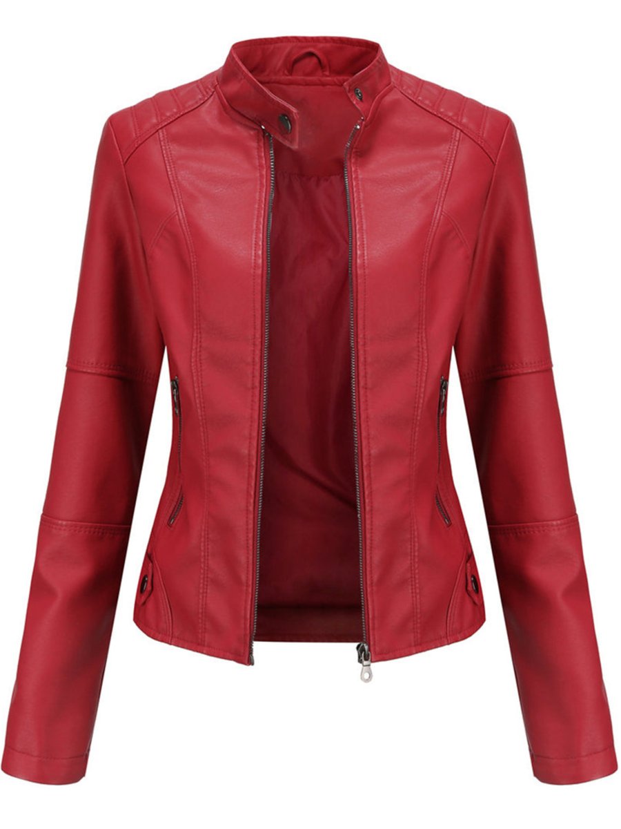 Women slim fit faux leather biker jacket with stand collar and silver zip details