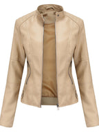 Women slim fit faux leather biker jacket with stand collar and silver zip details