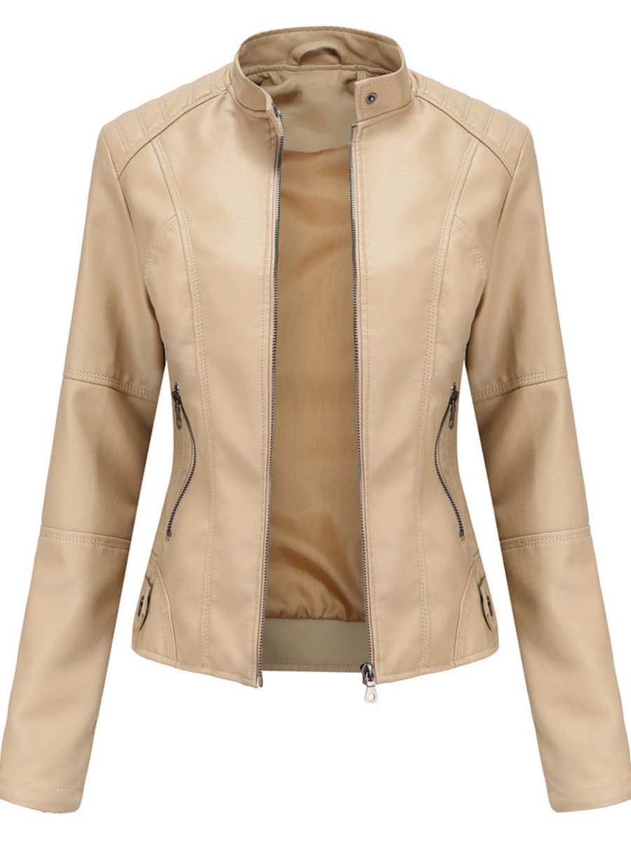 Women slim fit faux leather biker jacket with stand collar and silver zip details