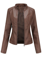 Women slim fit faux leather biker jacket with stand collar and silver zip details
