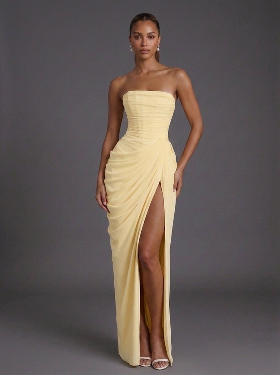Women strapless corset ruched maxi wedding guest dress with high slit and side pockets