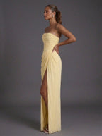 Women strapless corset ruched maxi wedding guest dress with high slit and side pockets