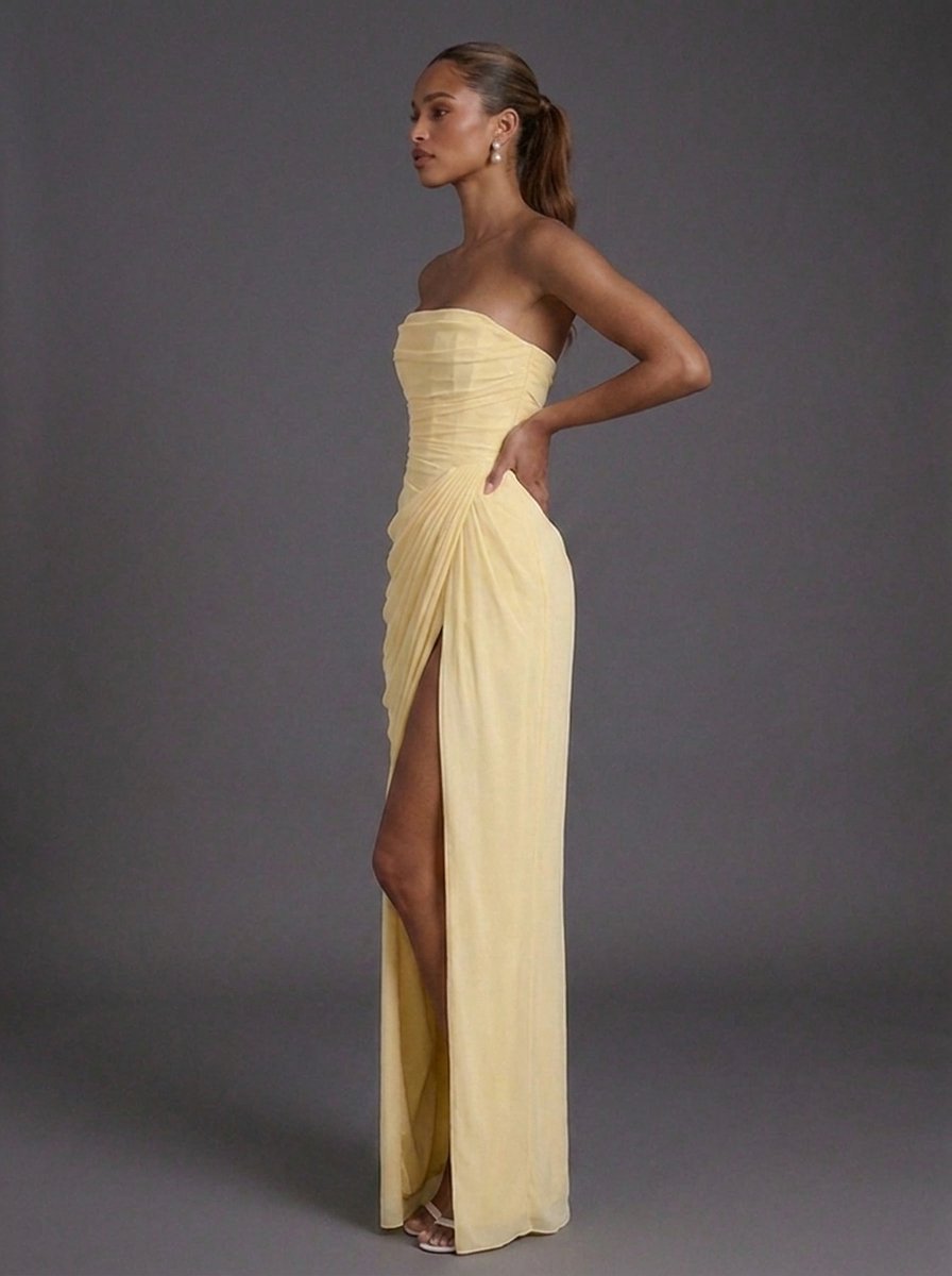 Women strapless corset ruched maxi wedding guest dress with high slit and side pockets