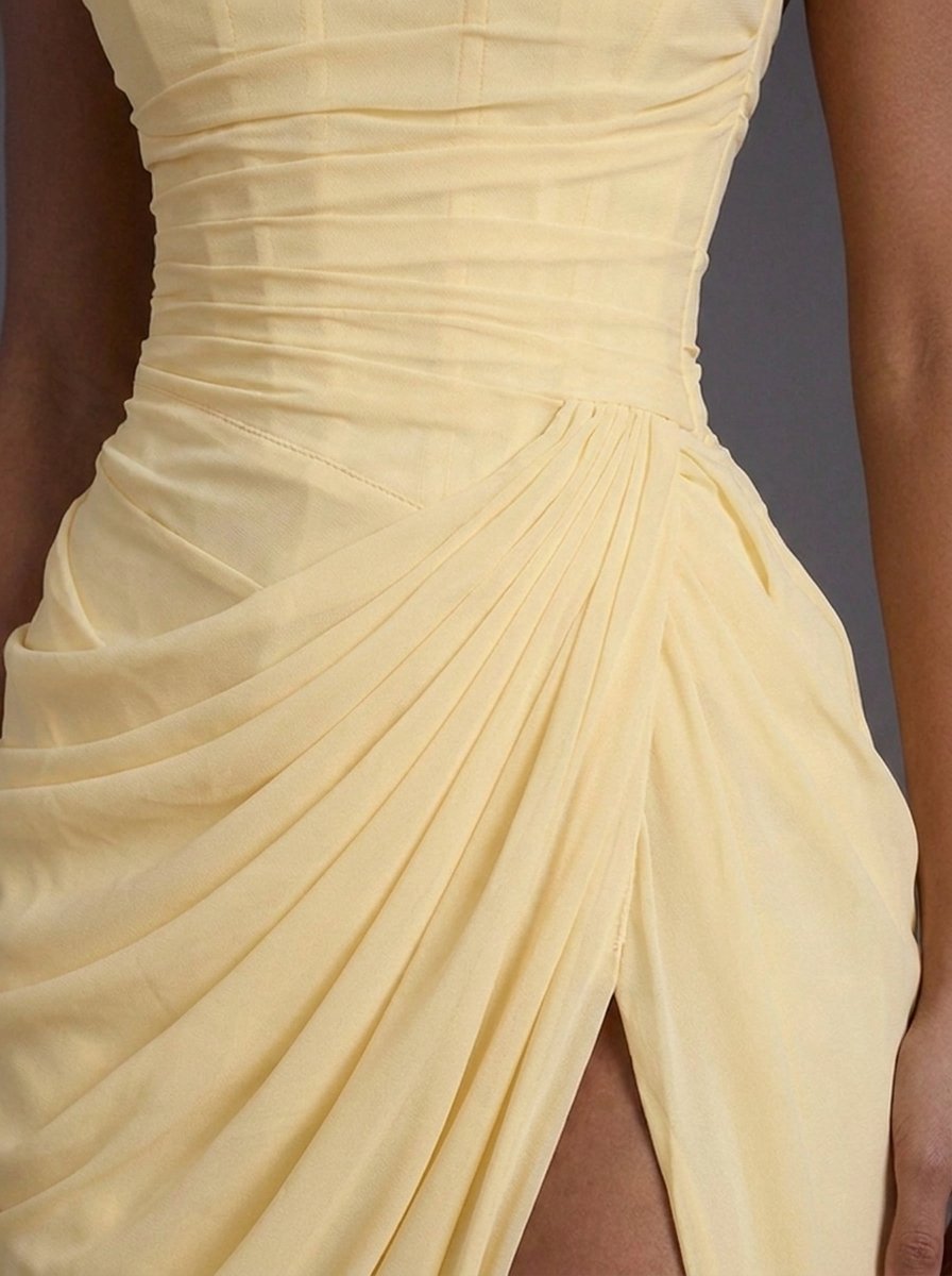 Women strapless corset ruched maxi wedding guest dress with high slit and side pockets