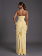 Women strapless corset ruched maxi wedding guest dress with high slit and side pockets