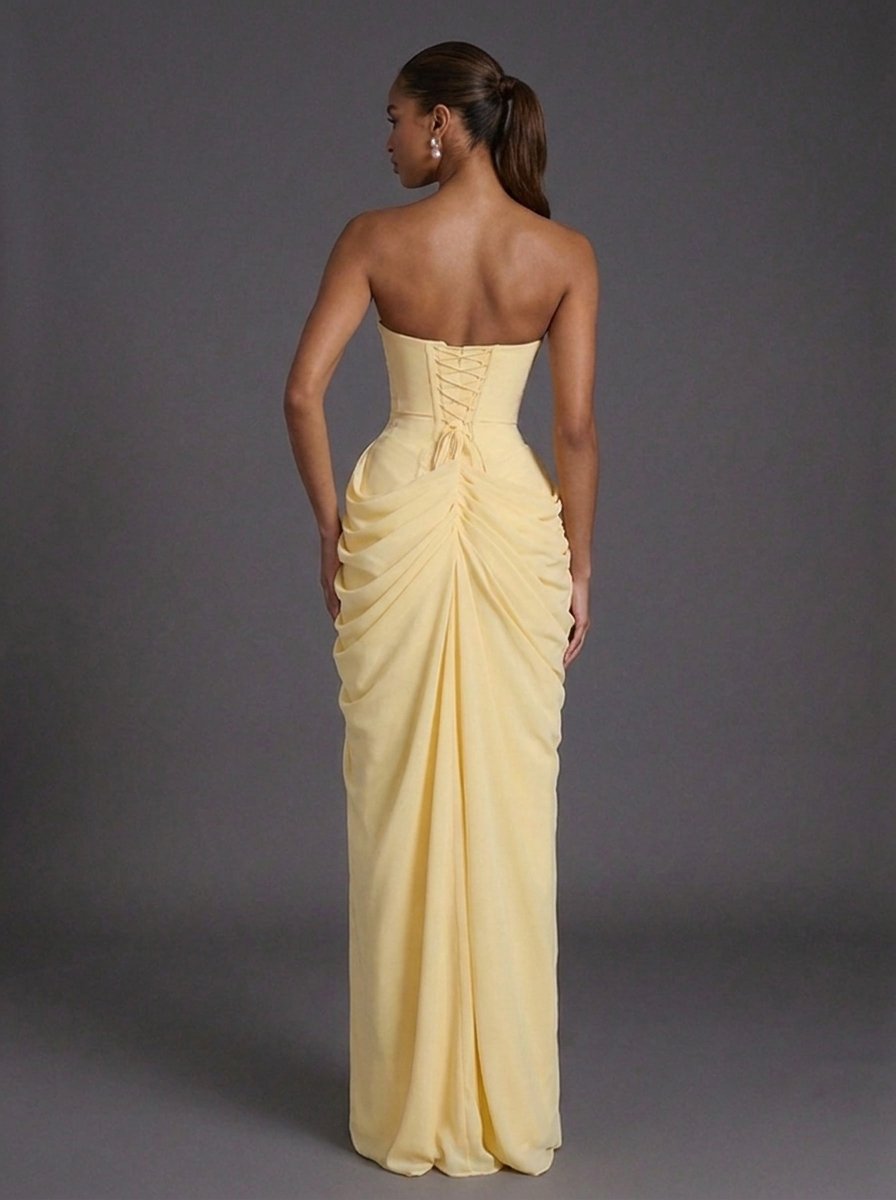 Women strapless corset ruched maxi wedding guest dress with high slit and side pockets