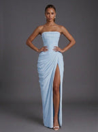 Women strapless corset ruched maxi wedding guest dress with high slit and side pockets