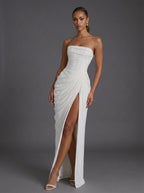 Women strapless corset ruched maxi wedding guest dress with high slit and side pockets