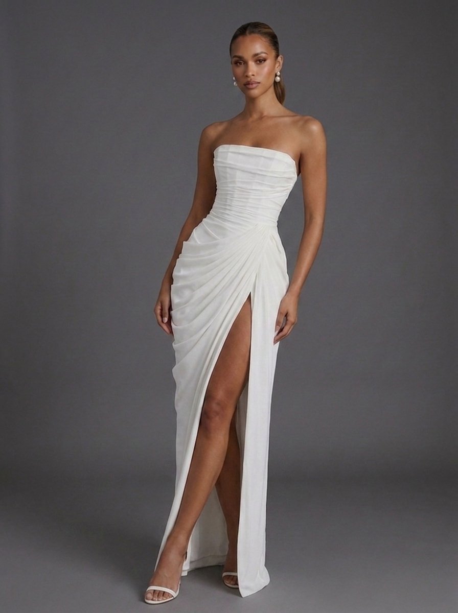Women strapless corset ruched maxi wedding guest dress with high slit and side pockets