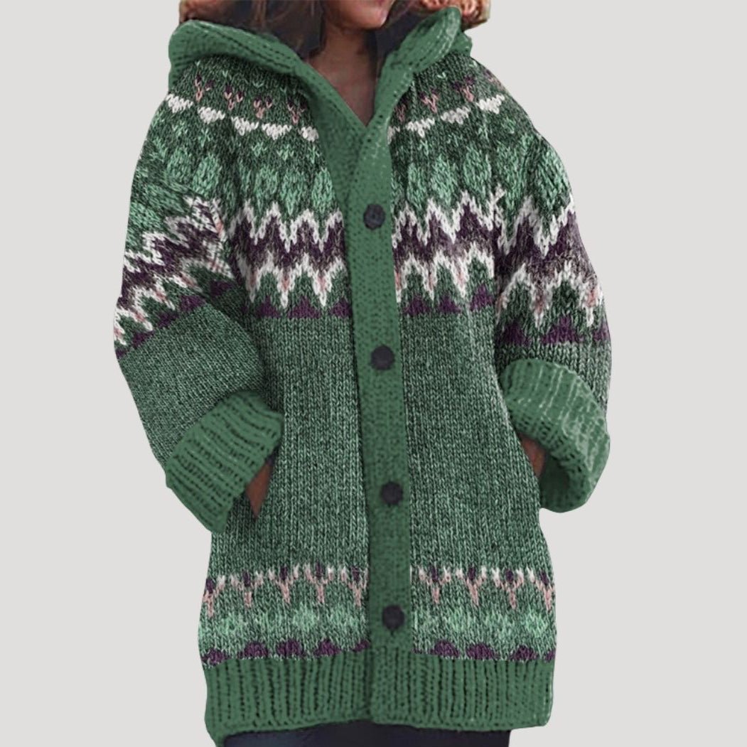 Women knit cardigan Fair Isle pattern with hood regular fit