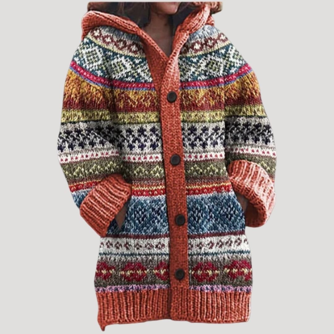 Women knit cardigan Fair Isle pattern with hood regular fit