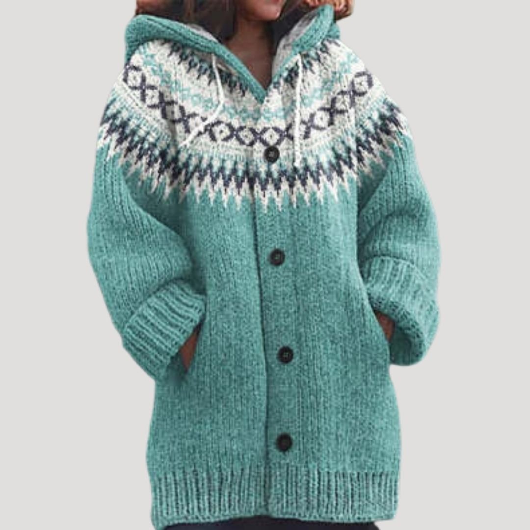 Women knit cardigan Fair Isle pattern with hood regular fit