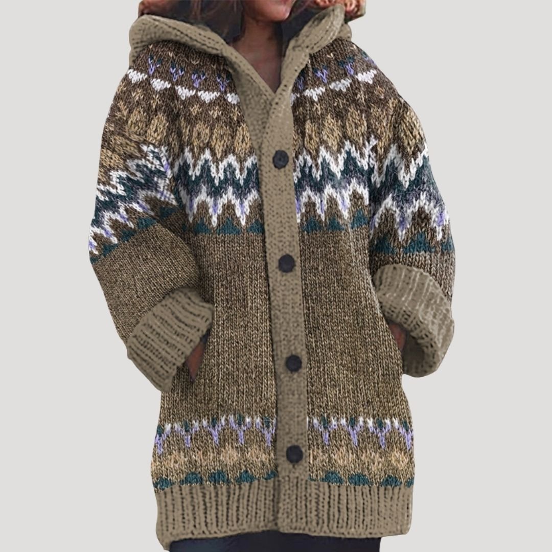 Women knit cardigan Fair Isle pattern with hood regular fit