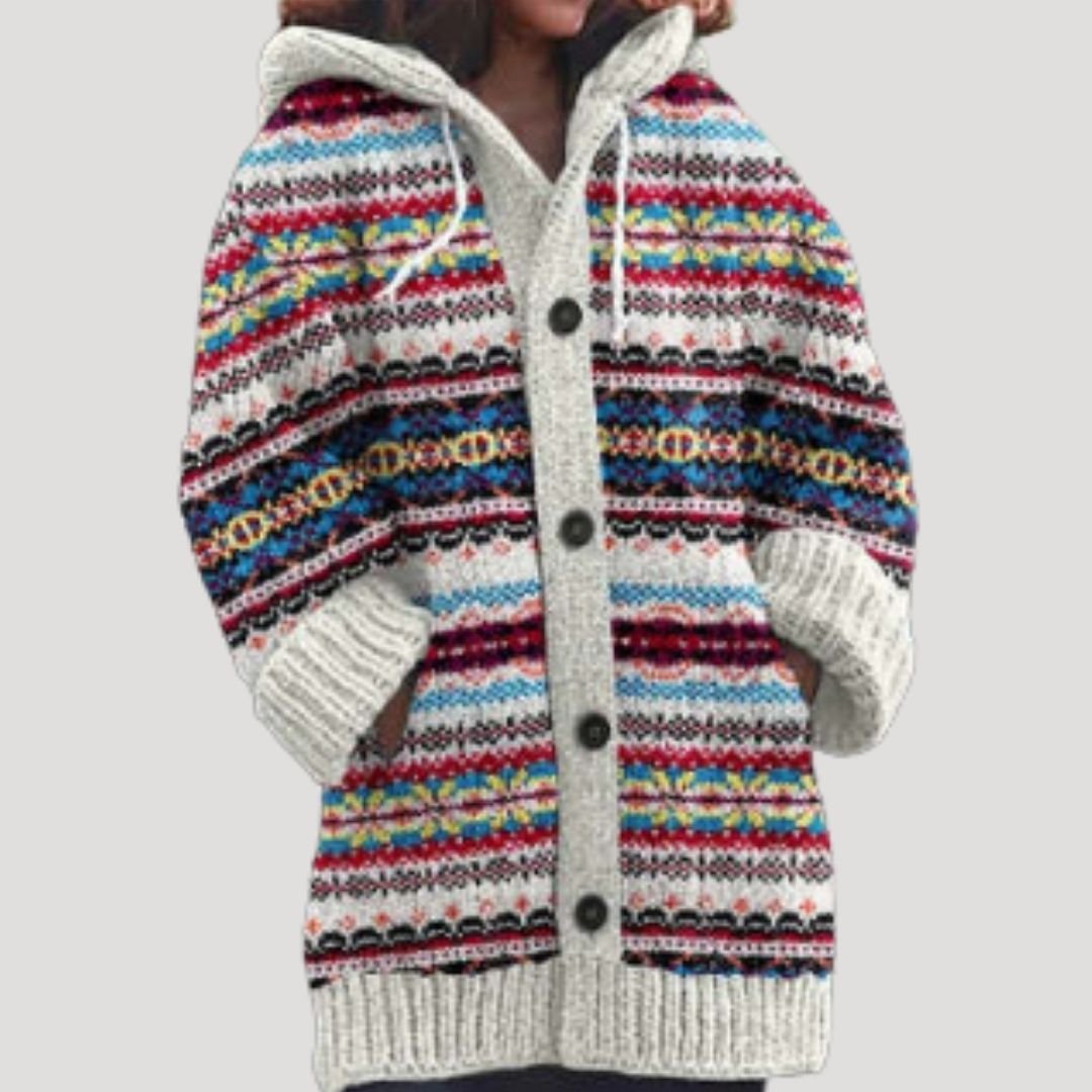 Women knit cardigan Fair Isle pattern with hood regular fit