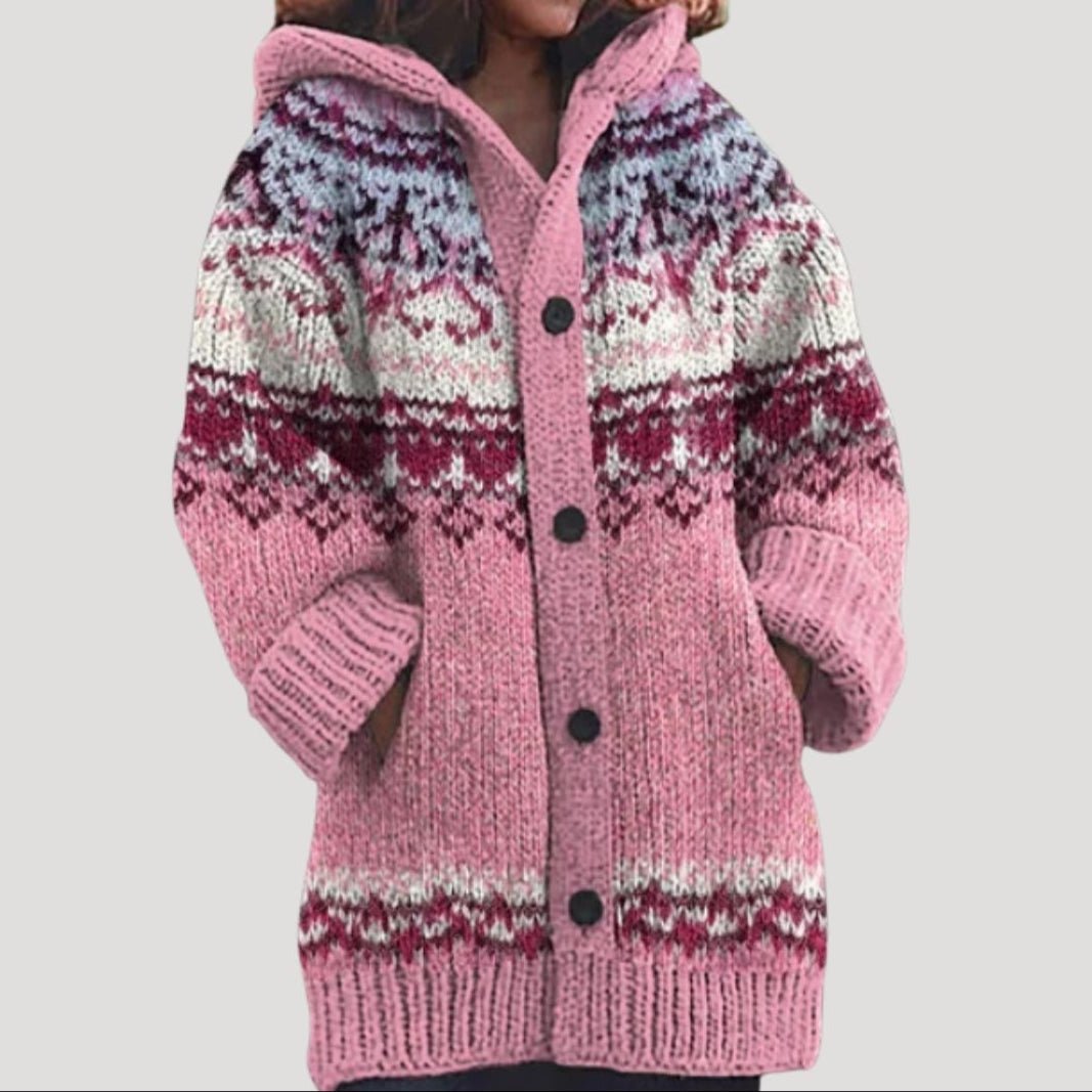 Women knit cardigan Fair Isle pattern with hood regular fit