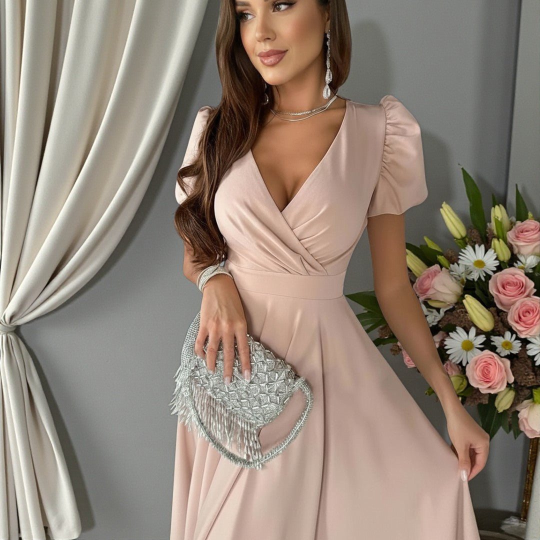 Midi Dress V Neck Short Puff Sleeve Ruched Wedding Guest | Lena
