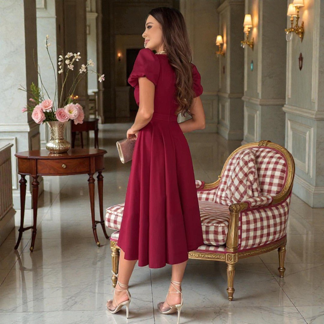 Midi Dress V Neck Short Puff Sleeve Ruched Wedding Guest | Lena