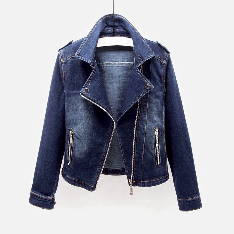Women casual denim jacket relaxed fit with button-front closure and chest pockets