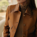 Women leather jacket with distinctive collar and pockets button closure