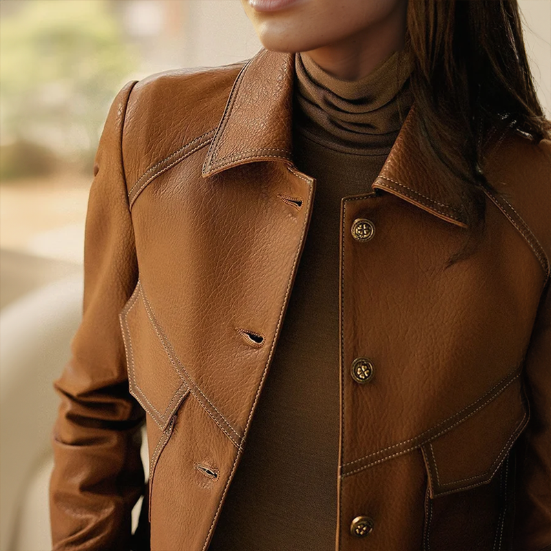 Women leather jacket with distinctive collar and pockets button closure