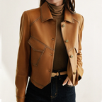 Women leather jacket with distinctive collar and pockets button closure