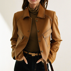 Women leather jacket with distinctive collar and pockets button closure