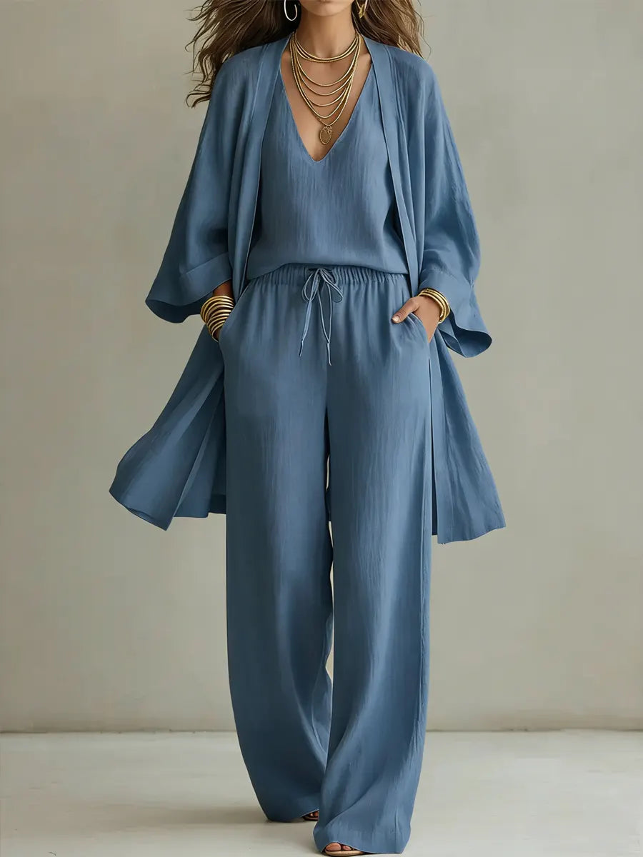 Wide Leg Linen Pants Women 3 Piece Set Cardigan Top | Halcyon