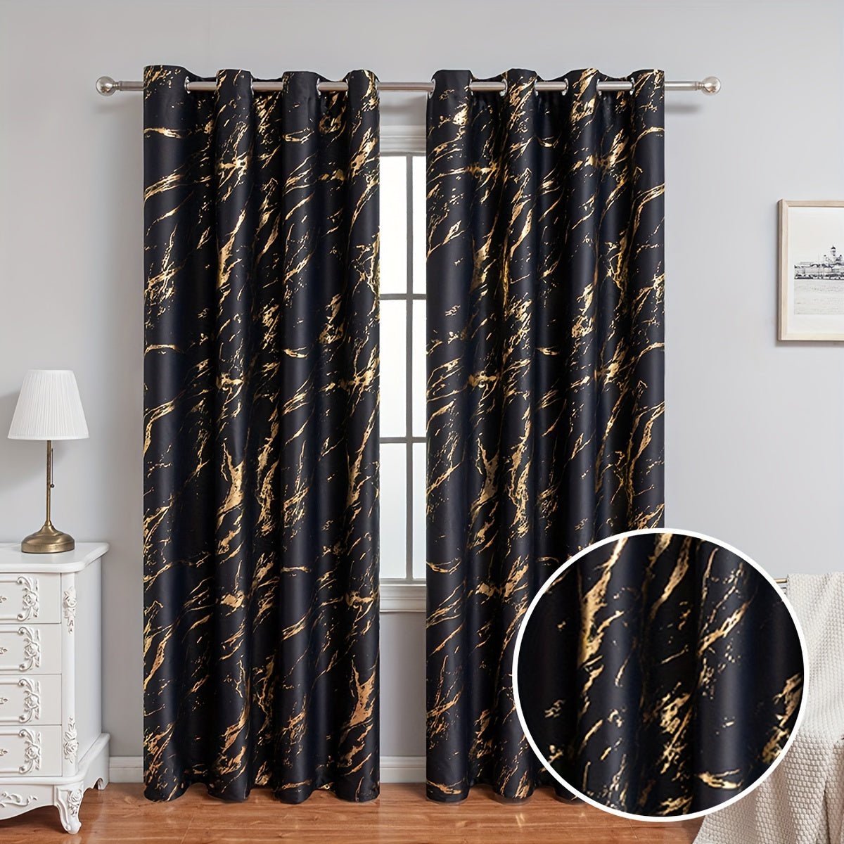 2 piece blackout curtains bronzing marble print ring top for bedroom and living room