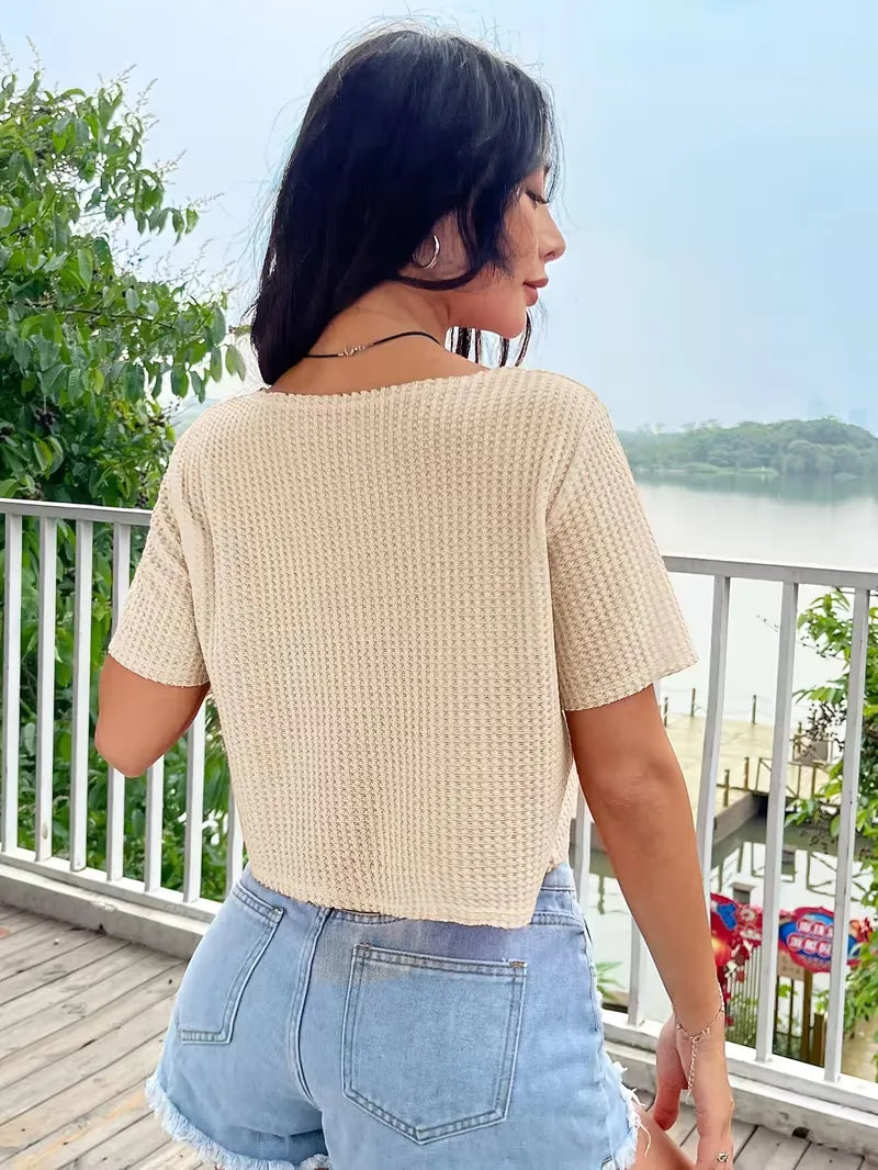 Women Crop Top V Neck Waffle Knit Short Sleeve | Wilhelmina