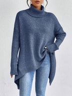Women knit sweater high neck asymmetric hem relaxed fit