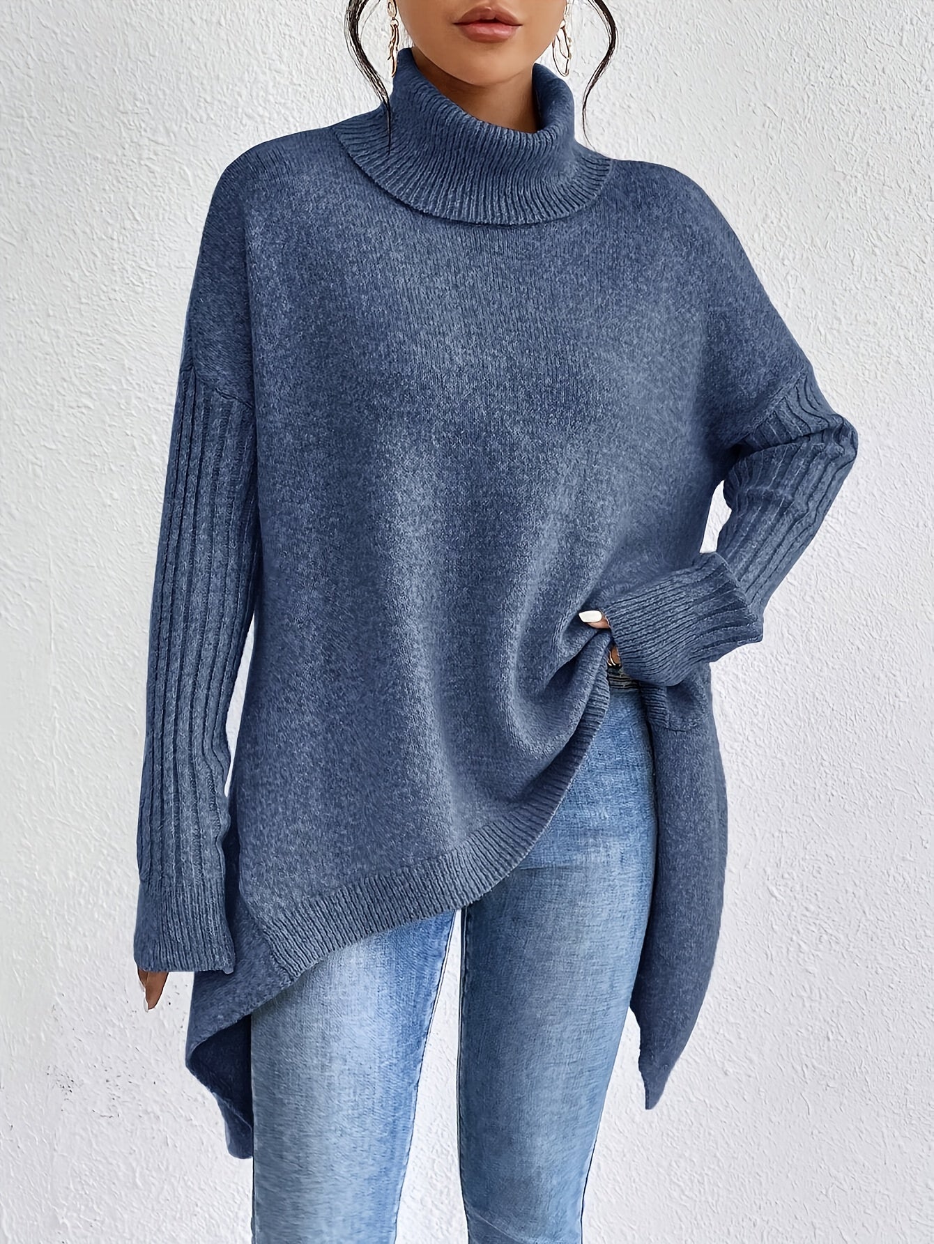 Women knit sweater high neck asymmetric hem relaxed fit
