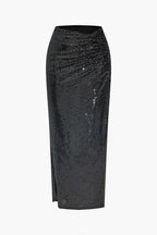 Two-piece sequin skirt set black bustier top and high-waisted maxi skirt formal party