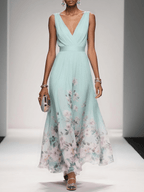 Women's floral print wedding guest dress, A-line V-neck flowing silhouette