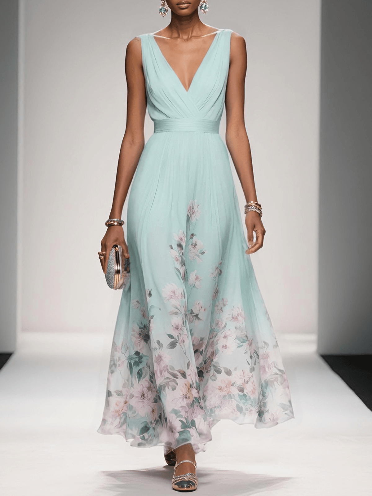 Women's floral print wedding guest dress, A-line V-neck flowing silhouette