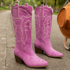 Women embroidered western cowboy boots wide calf block heel