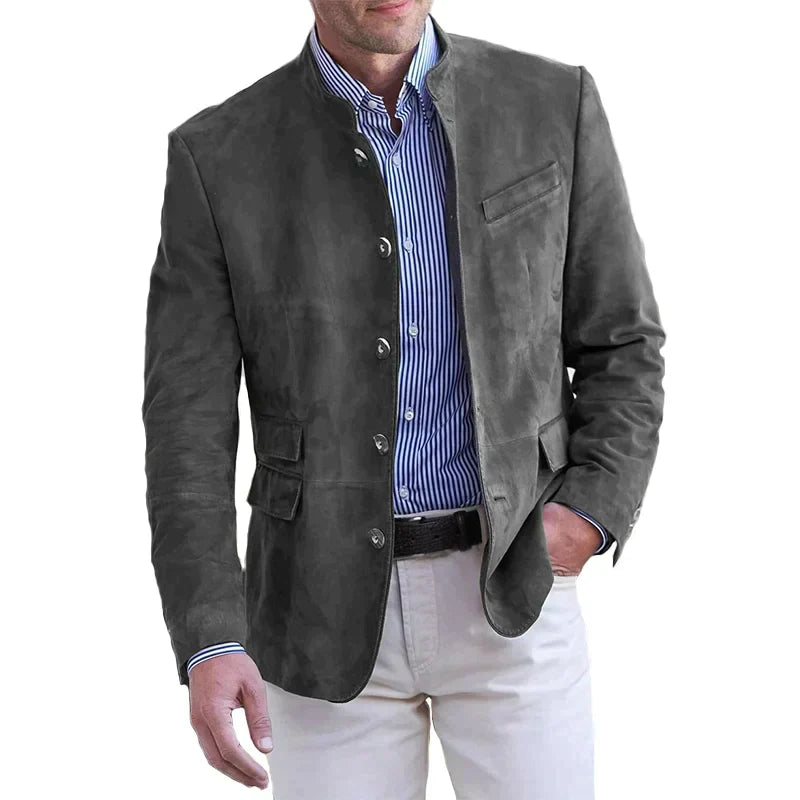 Men's blazer with stand collar and button-up closure, smart casual style