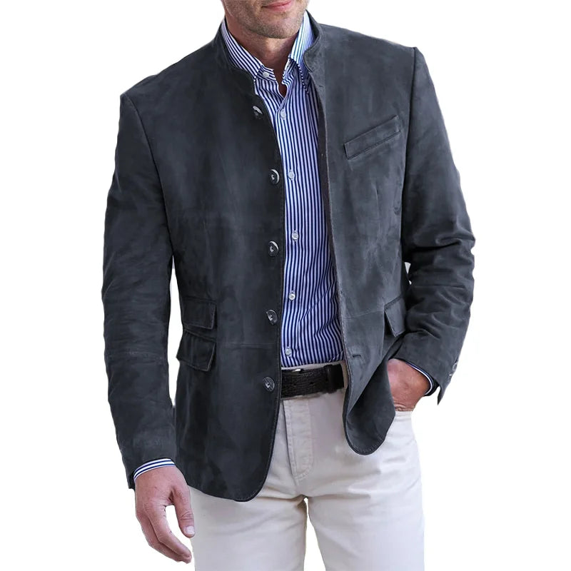 Men's blazer with stand collar and button-up closure, smart casual style