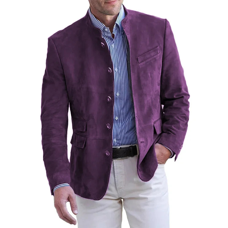 Men's blazer with stand collar and button-up closure, smart casual style