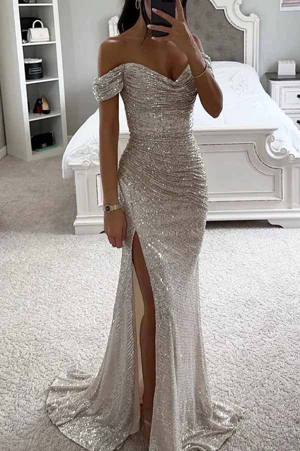 Sequin Dress Women Off Shoulder Draped Split Ankle Length Maxi