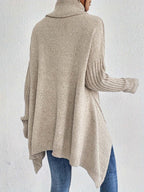 Women asymmetric hem turtleneck sweater in light khaki and dark blue