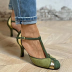 Women leather patchwork pumps slingback with orthopedic heel in green