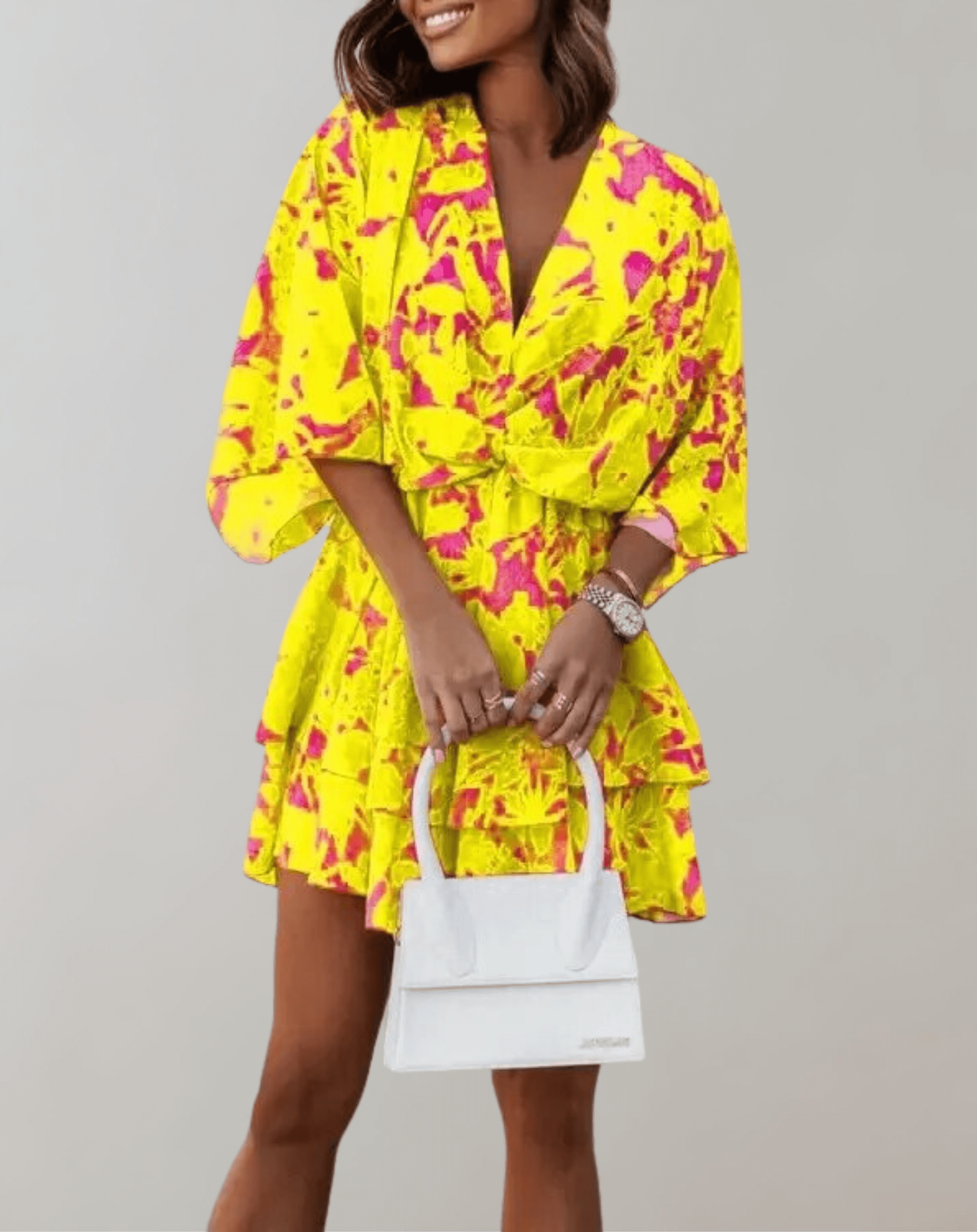 Women's midi dress with batwing sleeves and V-neckline, spring summer