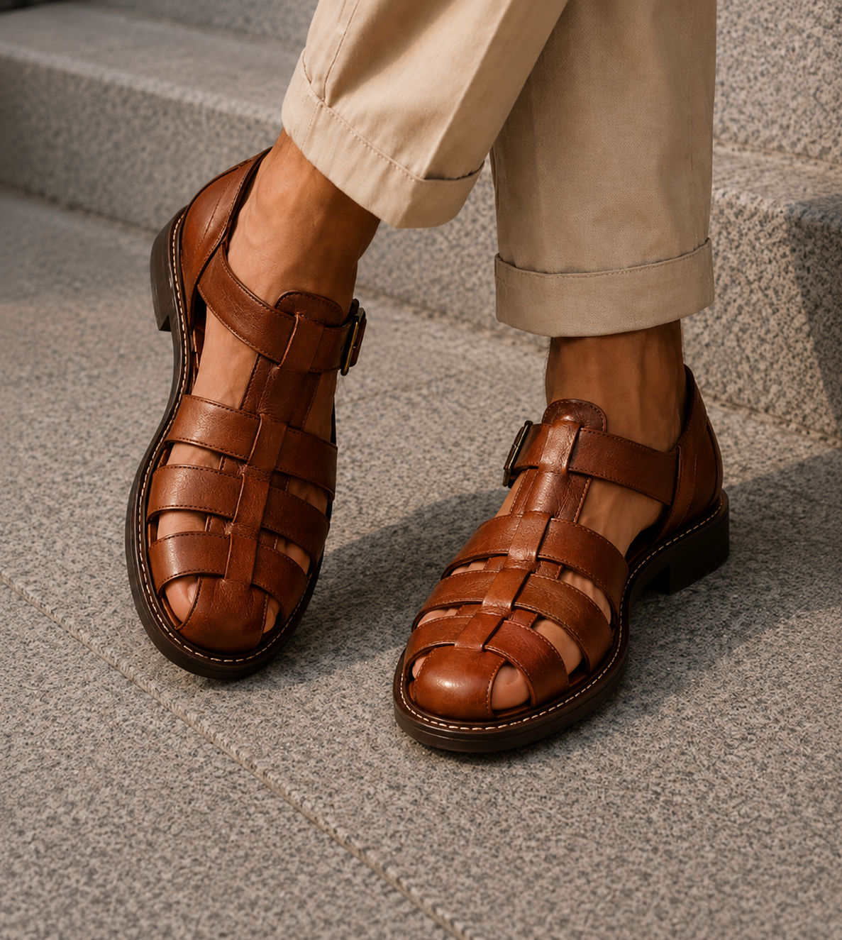 Mens Sandals Closed Toe Fisherman Woven Leather Buckle Strap